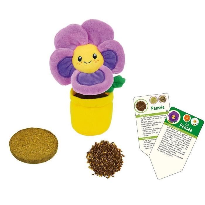 SILENCE CA POUSSE Lot de 3 fleurs (Pensée, Capucine et Marguerite) en peluche +/- 13 cm avec pot 7xØ8,5 cm, bloc de terre et graines