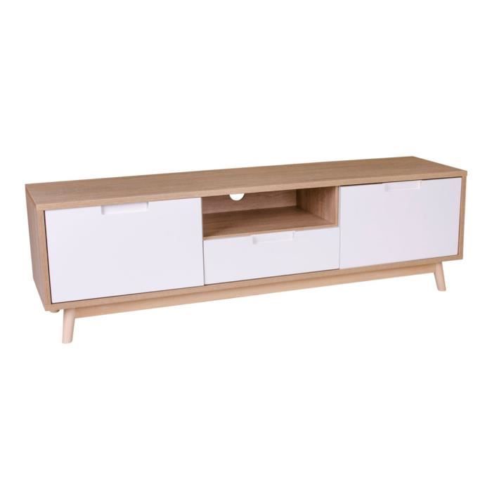 Meuble TV coloris blanc et naturel avec 2 portes et 1 tiroir - Dim : 150 x 46 x 38 cm