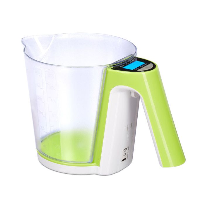 Relaxdays Balance électronique, Cuisine, Verre Doseur, Gradué, 2 en 1, Digitale, Numérique, Tare, max. 2 kg, vert/blanc