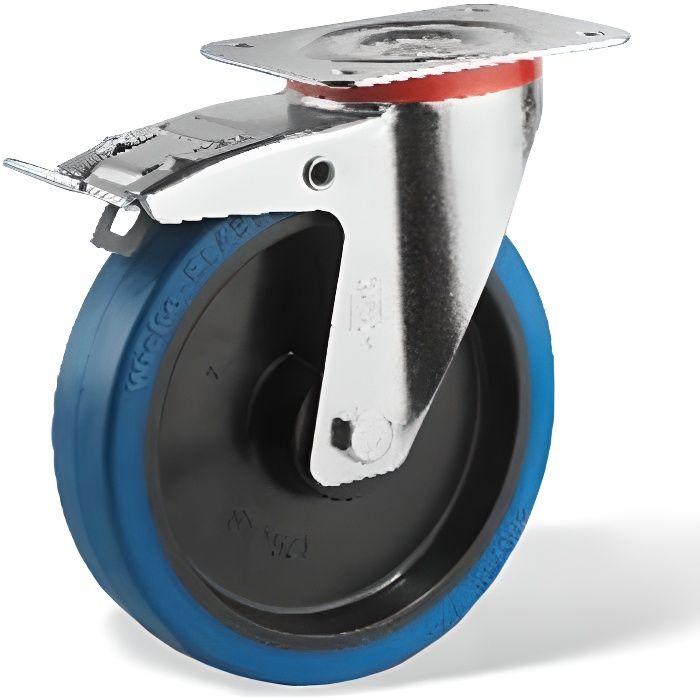 Roulette pivotante à frein diamètre 125 mm fixation à platine caoutchouc bleu à rouleaux charge 200 Kg