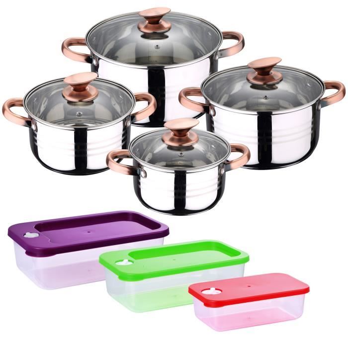 San Ignacio Altea Batterie de cuisine 8 pcs acier inoxydable convient induction + set 3 boîtes à lunch hermétiques multicouleurs