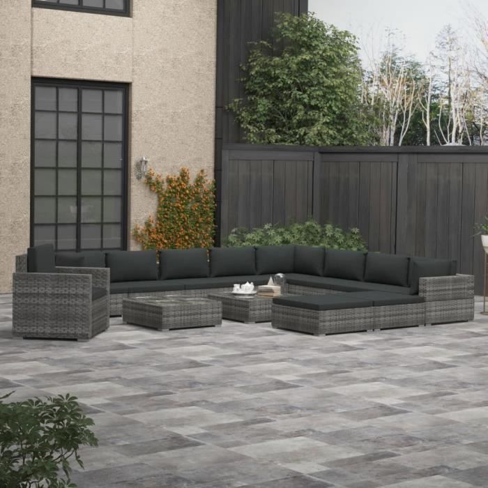 Salon de jardin 13 pcs avec coussins Résine tressée Gris
