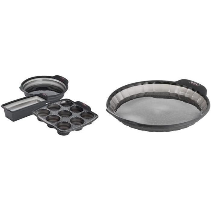 JSF28128-Tefal 24 cm Crispybake Set 3 Manqu Cake 24cm 9 Muffins Rtractable 30x29cm Moule Gteau Silicone Noir Crispybake Moul916