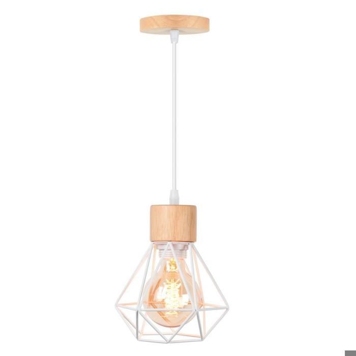 WOTTES 3 Lampes Suspension Luminaire Industrielle, Lustre Plafonnier En Fer Et Bois Rétro Cage Design Blanc Pour Salle à Manger - Maison