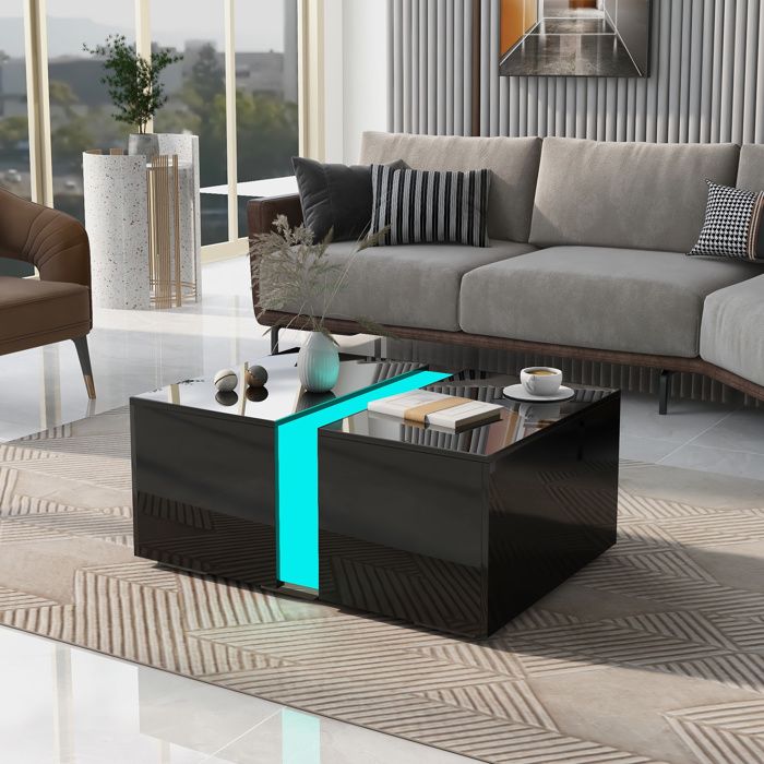 Table Basse En.casa Noir Brillant - 95x55x31cm - Avec Tiroir Et Rangement - Mélaminé