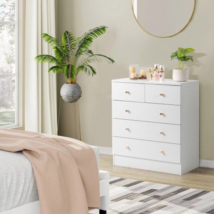 ALIGHTUP - Commode - 5 tiroirs -Meuble de chambre - 66 x 33 x 73 cm pour Chambre Blanc et Couleur Boisée ALIGHTUP - Commode - 5 tiroirs -Meuble de chambre - 66 x 33 x 73 cm pour Chambre Blanc et Couleur Boisée