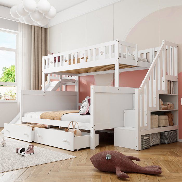 Lit superposé 90x200cm/140x200cm 3 personnes avec toboggan et tiroirlit enfant en bois massif avec escaliers de rangementblanc