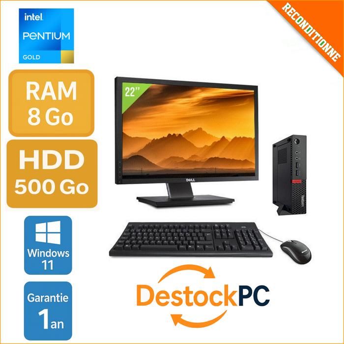 ThinkCentre M710q avec écran 22 – Windows 11 8Go de RAM 500Go HDD – PC complet reconditionné