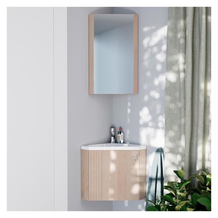 Meuble lave-mains dangle décor chêne KODA + robinet + armoire miroir