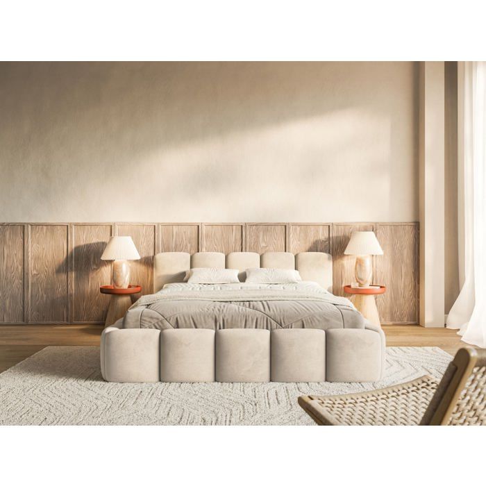 Lit rembourré – Cloudy Low – 200x200 cm – beige clair – velours hydrophobe
