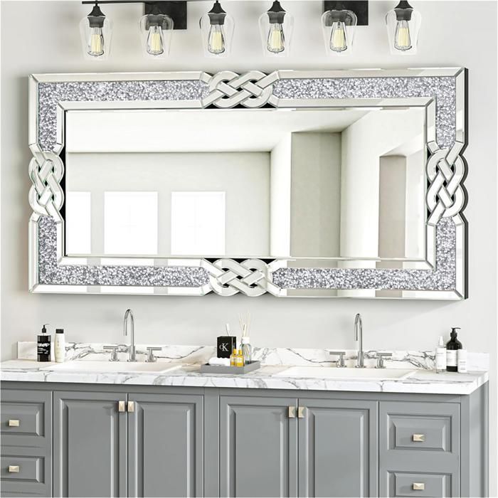 Grand Miroir Murale Salon Décoration -120x60cm Cristal Miroir Mural Décoratif Rectangulaire Diamant Miroirs Muraux