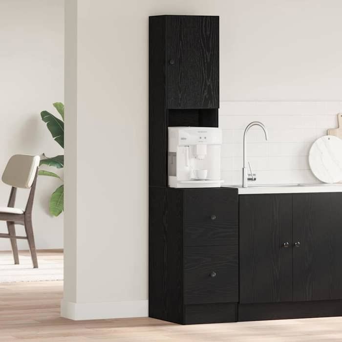 Buffet de cuisine moderne - Happiness - Chêne noir - 32x50x180 cm - Grand espace de rangement - 3 étagères - 1 porte