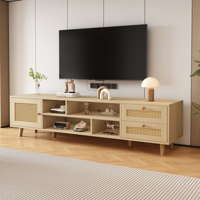 Meuble TV 160 cm avec Rangement 2 Tiroir 1 Porte et Compartiment Ouverts Armoire de Télévision avec Gestion des Câbles Naturelle