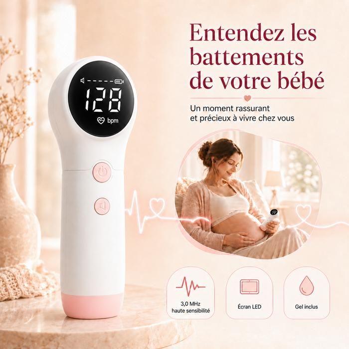 Babyphone Sonore Fœtal 30 MHz Haute Sensibilité avec Écran LED Moniteur de Fréquence Cardiaque Fœtale Portable Gel Inclus