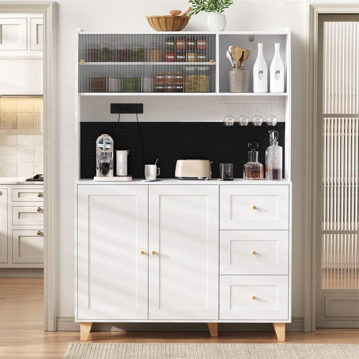 Buffet cuisine 120 cm meuble de rangement blanc avec 2 prises et USB C/A panneau perforé buffet salle à manger haut scandinave