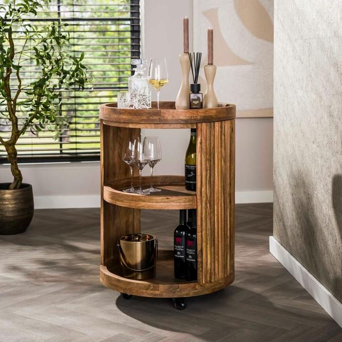 Meuble bar sur roulettes en bois de manguier strié CREEK
