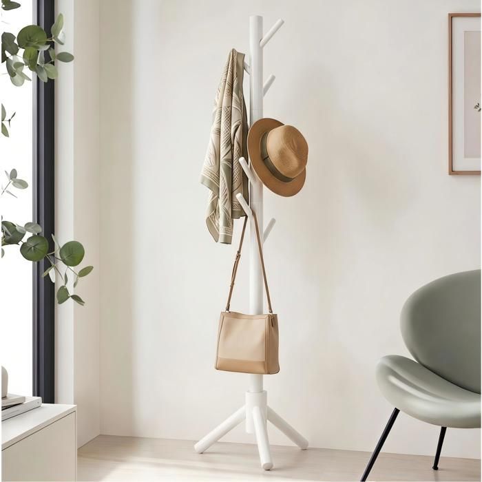 Porte-manteau autoportant robuste blanc 3 sections réglables et 8 crochets portant en bois pour vêtements et chapeaux