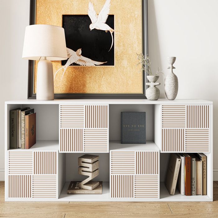 Bibliothèque de Rangement - 125x30x60cm - Meuble de Rangement à Grille Scandinave en Bois - Blanc Ivoire