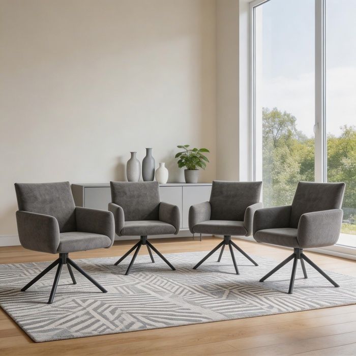 Sièges pour salle à manger - Lot 4 chaises pivotantes - Velours gris - Rotation 360° - Dossier ergonomique