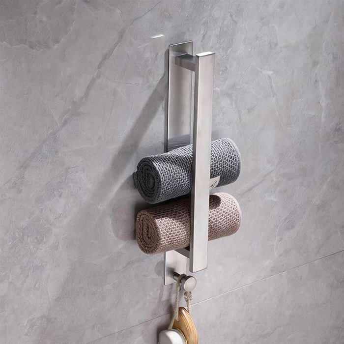 Porte Serviette Mural Porte Serviette sans Perçage Barre Autocollante en Acier Inoxydable pour Essuie-Mains Salle de Bain Argenté