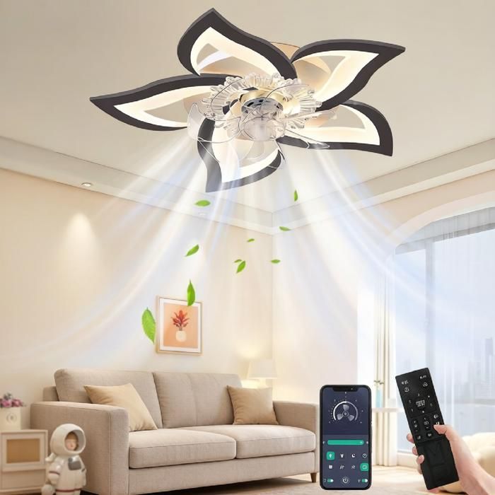 Ventilateur-plafonnier connecté APP chambre｜Design fleur 6 vitesses + 3 lumières 50W cadre noir