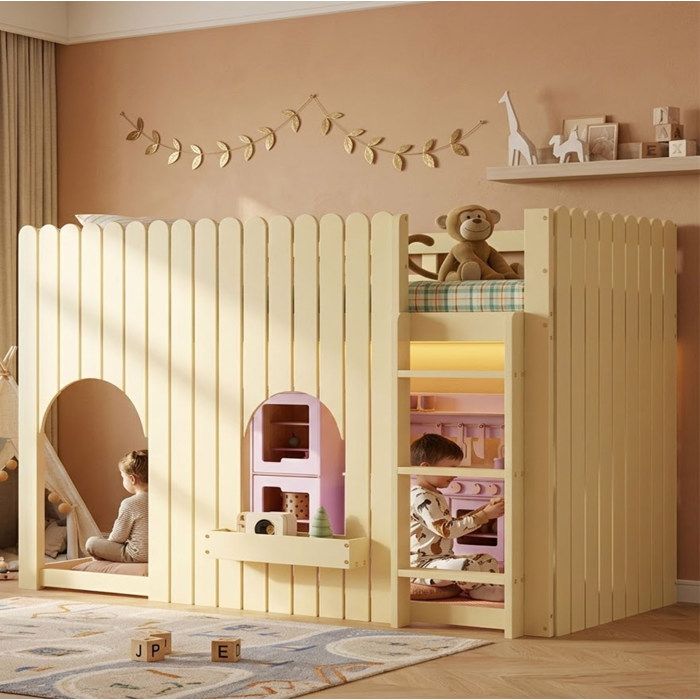 Lit mezzanine enfant EVRYAE 90 x 200 cm avec LED multicolore échelle droite 3 marches rangement pin MDF