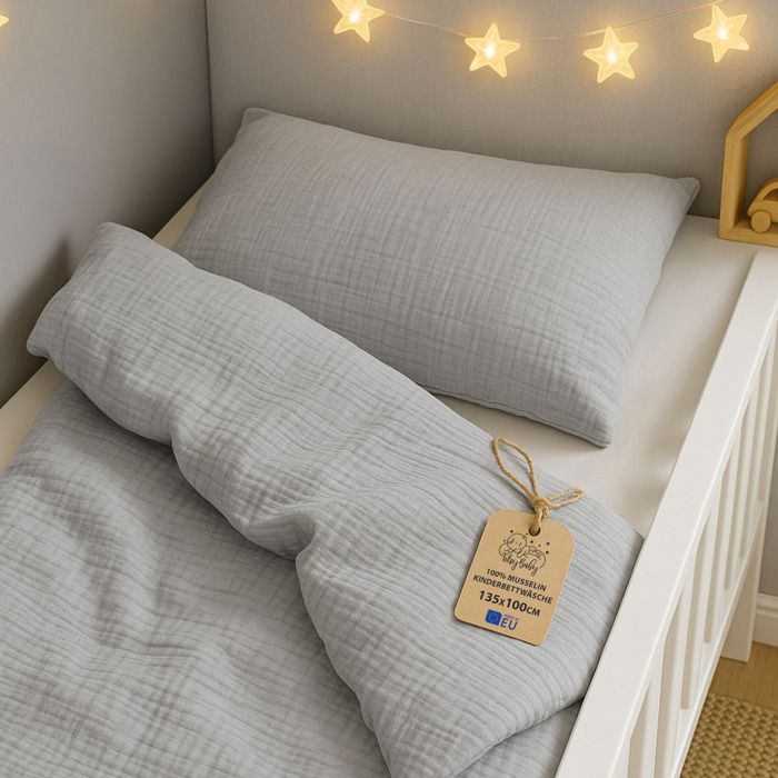 Housse de couette enfant mousseline 100x135 cm – linge de lit coton bébé avec taie 40x60 cm gris