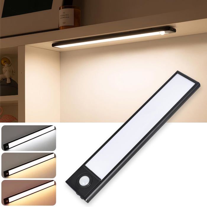 Lampe de Plac S Fil avec Détecteur de Mouvement Lampe dArmoire Magnétique Eclairage Led Interieur 3 Couleurs Noir LAMPE A POSER