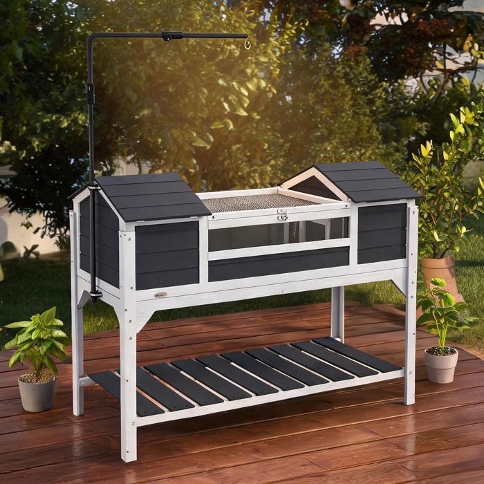 Enclos extérieur pour tortue en bois de sapin gris avec 2 niches support lampe réglable et zone dexploration 122 x 56 5 x 93 cm