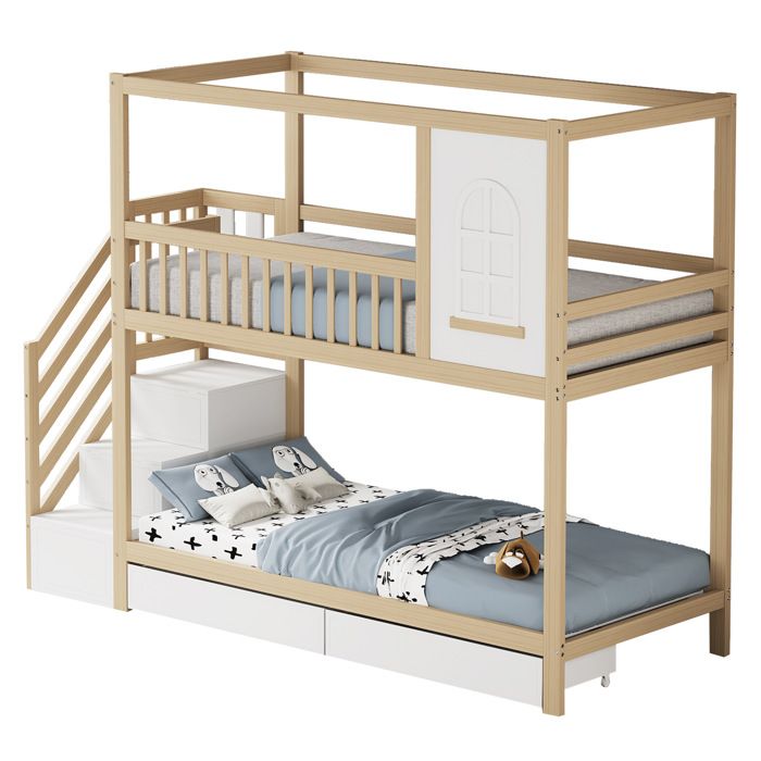 lit superpose enfant 90 x 200 cm SENVIRO forme maison echelle avec rangements 2 tiroirs
