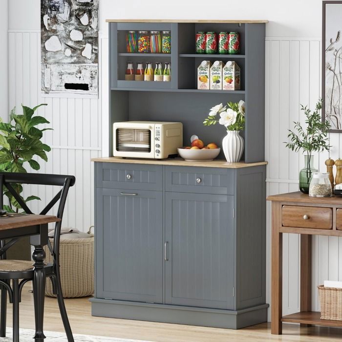 Buffet gris cuisine poubelle 45L intégrée tiroirs étagères ajustables anti-odeurs sideboard pratique