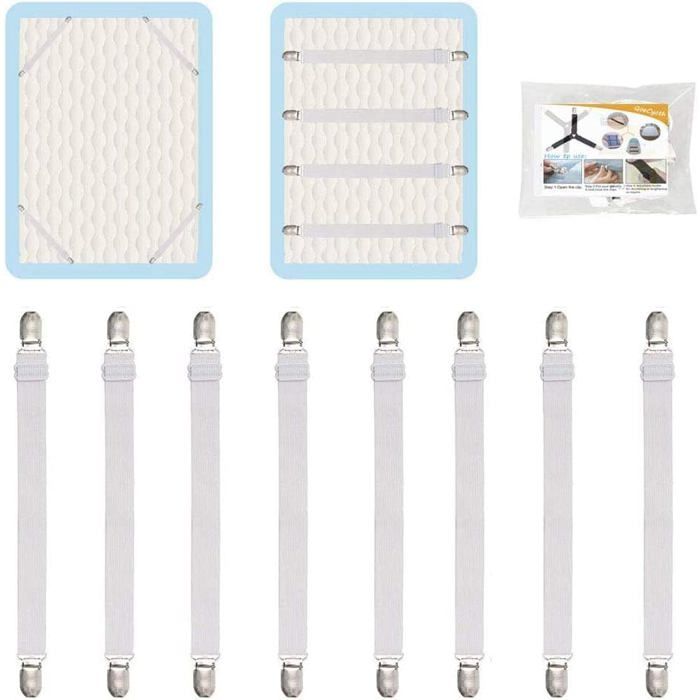 Pinces Drap-Housse Réglables 8 Pièces Sangles Élastiques Fixation Matelas Clips Antiglisse Blanc