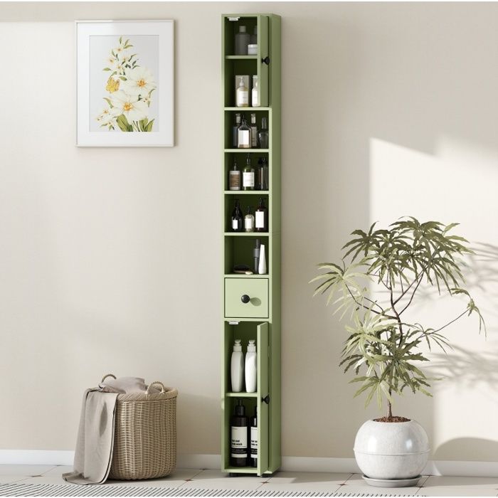 Colonne de salle de bain étroite AESVAR 20 x 20 x 180 cm avec 1 tiroir 4 niches ouvertes vert