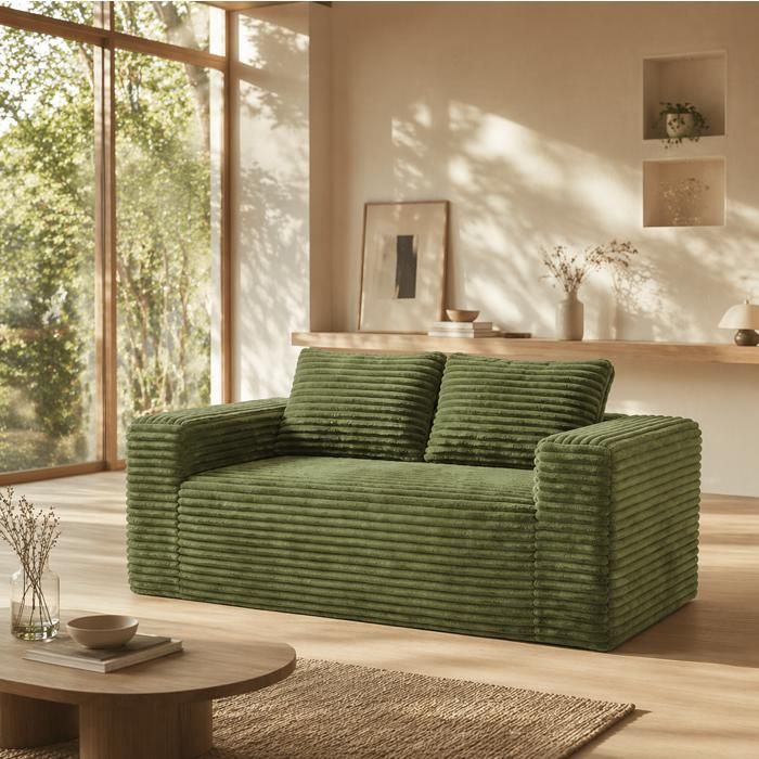 Canapé 2 places compressé sans montage - BEAUNIV - assise profonde mousse haute densité velours côtelé vert