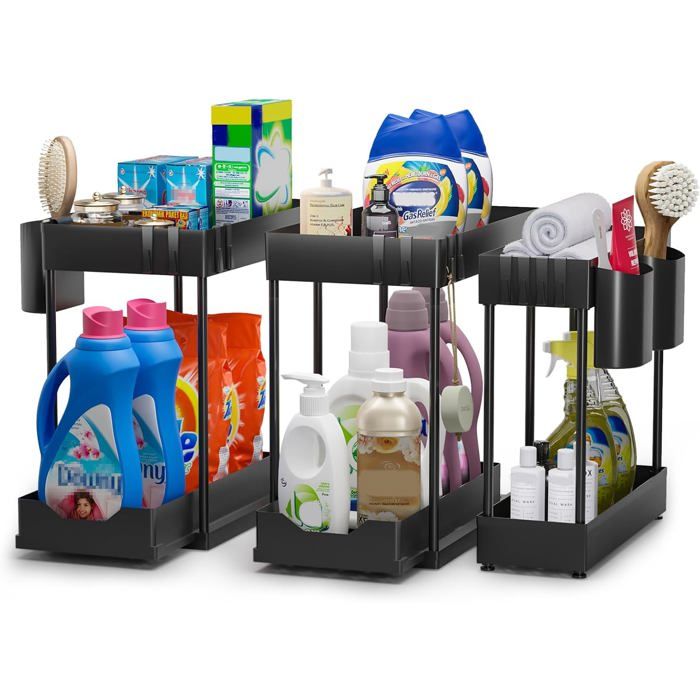 Rangement Sous Evier Cuisine À 2 Niveaux Lot De 3 Étagère Sous Évier Rack Avec 12Crochet Et 3Gobelet Suspendu Coulissant Org[IN52]