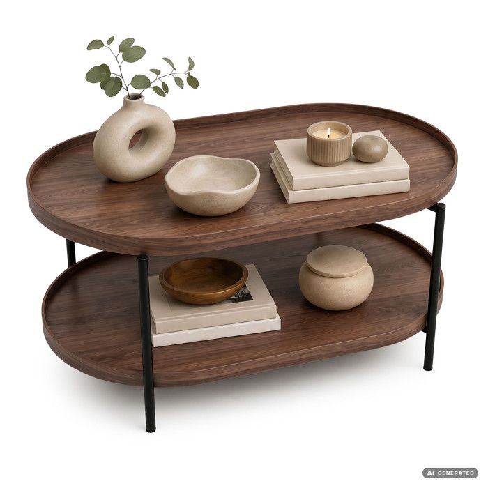 Table basse style loft CORTADO 90 cm ovale avec étagère noyer pieds noirs Table basse style loft CORTADO 90 cm ovale avec étagère noyer pieds noirs