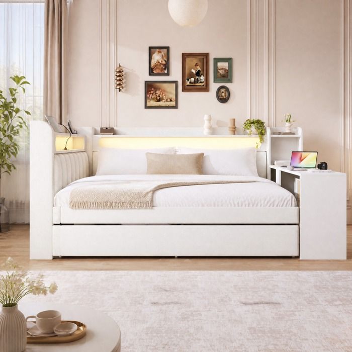 Lit combiné rembourré 140x200 cm avec lit gigogne 90x190 cm bureau intégré étagères USB et LED blanc ORVRYN