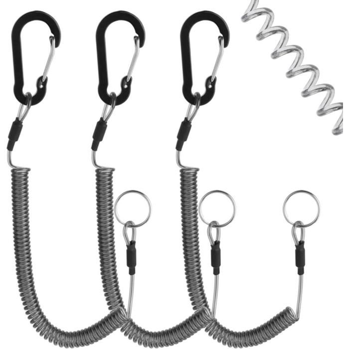 Câble de sécurité rétractable 3 pièces de lanyards de pêche élastiques en spirale avec mousqueton pour la pêche le camping