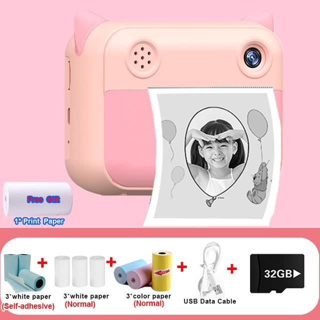 Appareil Photo Instantané Couleur 3 Pouces 32MP 1080P HD Avec 3 Rouleaux Papier - Jaune