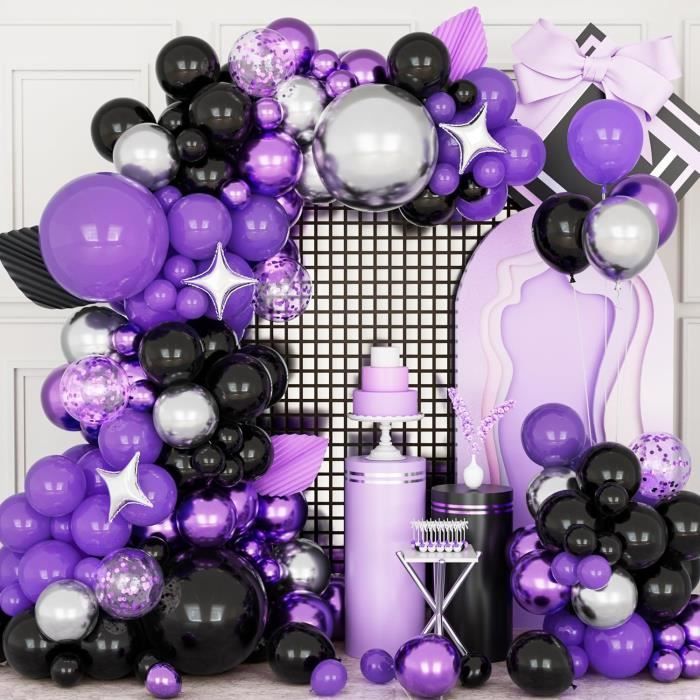 Décoration d'anniversaire violette et argentéeBannièreballon violet  argentésPompons papier soieBallons aluminiumConfettisSpir 743 - Cdiscount  Maison