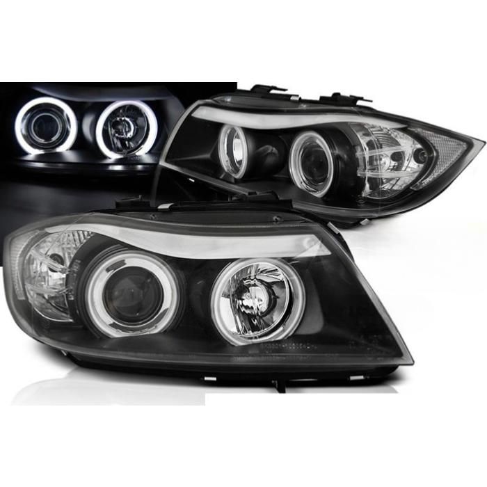 Kit De 2 Phares Avant BMW E90/E91 (2005-2008) Avec Anneaux Angel Eyes CCFL Blancs | Version Halogène, Verre Transparent/noir - Compatible Berline Et Touring