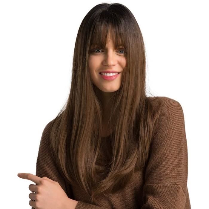 Perruque Brune pour femmes de 20 pouces,Longue verticale naturelle avec  frange, perruque synthétique résistante à la chaleur - Cdiscount Au  quotidien