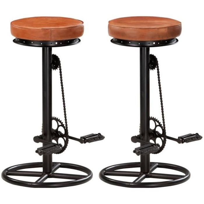 2 pcs Tabourets de bar style Industriel - Cuir véritable de chèvre - Design des pédales de vélo - Noir et marron - 44 x 44 x 75 cm
