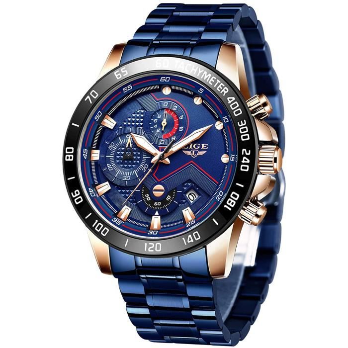 LIGE Montre Homme Sport Militaire tanche Analogique Quartz Acier