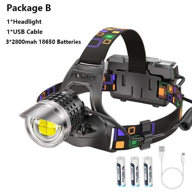 XHP160 Lampe frontale Led la plus puissante, longue portée de 1500M, Rechargeable, Zoom