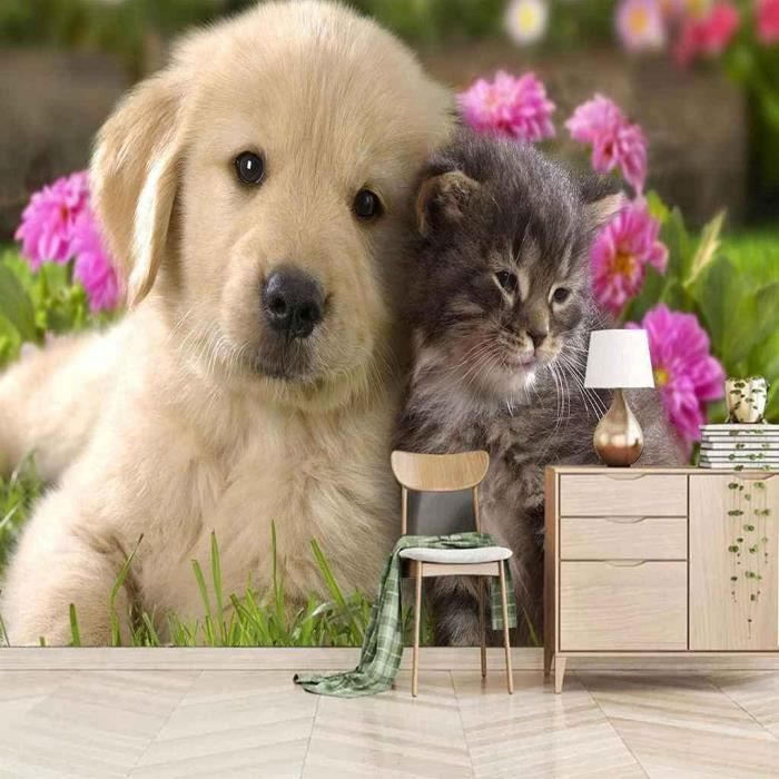 Papier Peint Canevas de Luxe 3D Chien Et Chat Animaux Wallpaper Décoration Murale Papier peint