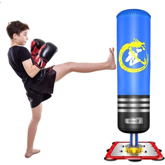 Dripex Sac de frappe enfant Debout autoportant Sac de Boxe sur Pied Bleu avec base à ventouses