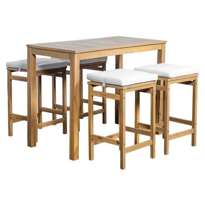 Mange-Debout Jardin Acacia Avec 4 Tabourets Et Coussins Sable - Table Haute Extérieur