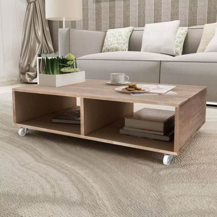 Regisi Table Basse De Salon Avec De Roues En Bois Massif Marron