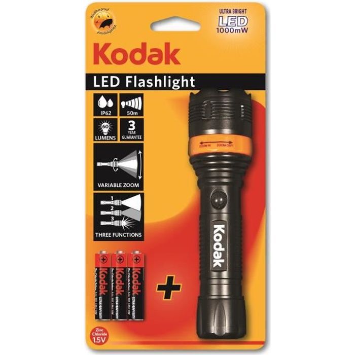 kodak lampe torche led focus 157 flashlight 1000mw + 3 piles lr03/aaa hd - noir